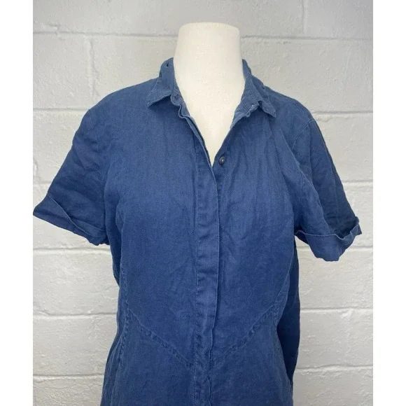 J Jill Love Linen Navy Shirt Dress Medium Mother of Pearl Button Front Collar - Picture 2 of 10